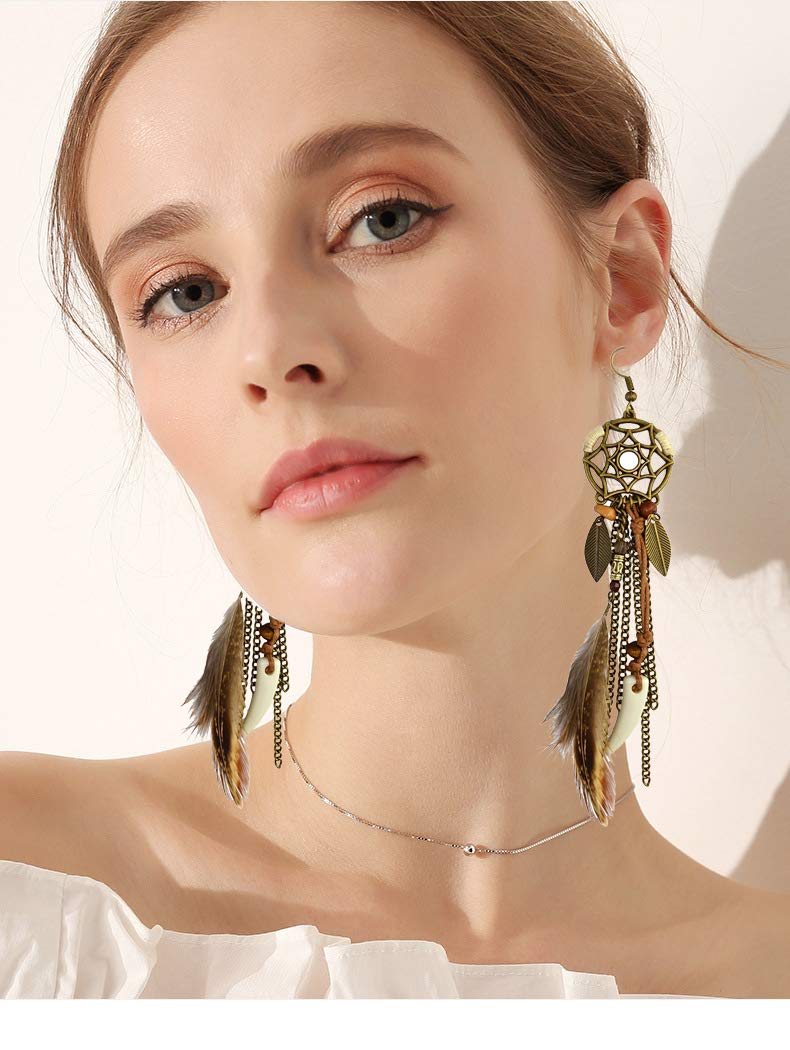 Idealway Punk Vintage Long Tassel Feather Beads Drop Wolf Tooth Pendant Earring Fish Hook Earrings (Brown A) - Image 2